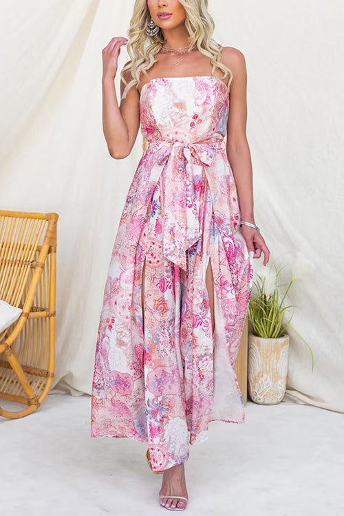 Strapless Bow Waist Floral Print Slit Wide Leg Jumpsuit