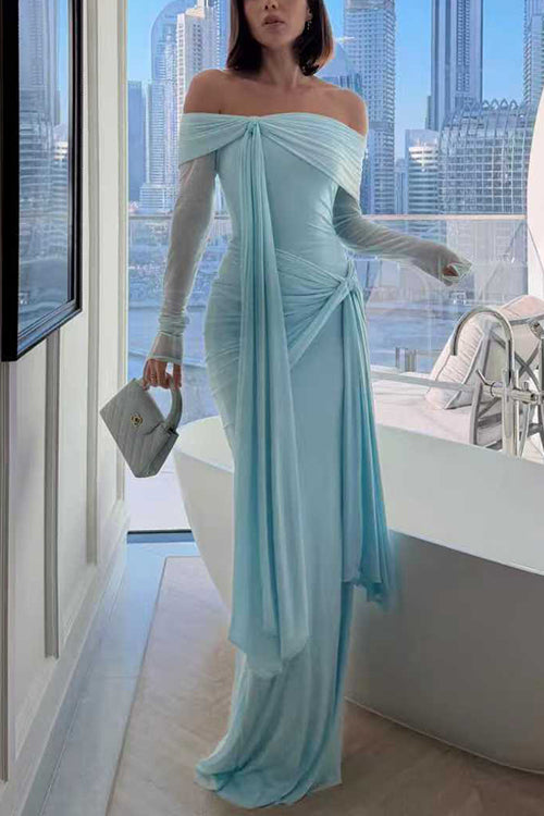 Heididress Off Shoulder Long Sleeves Knot Waist Draped Maxi Dress