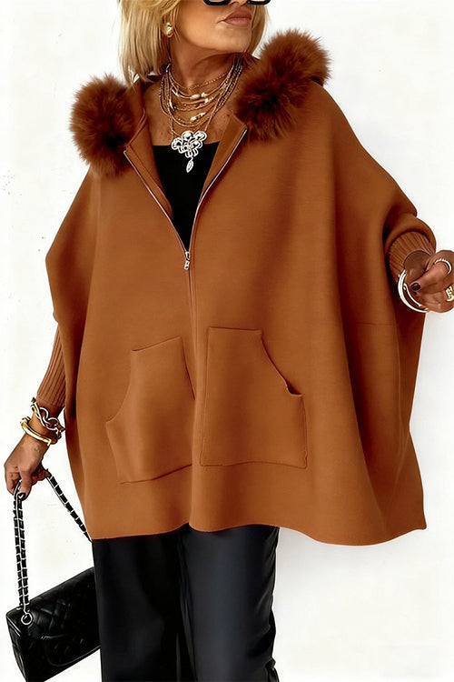Heididress Dolman Sleeves Zipper Up Pocketed Jacket with Faux Fur Hood
