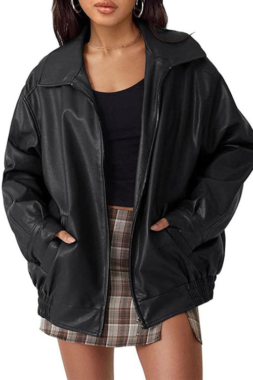 Heididress Lapel Zip Up Faux Leather Pocketed Jacket