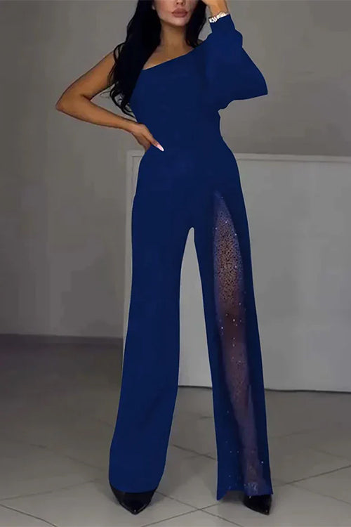 Heididress One Shoulder Long Sleeve Patchwork Wide Leg Jumpsuit
