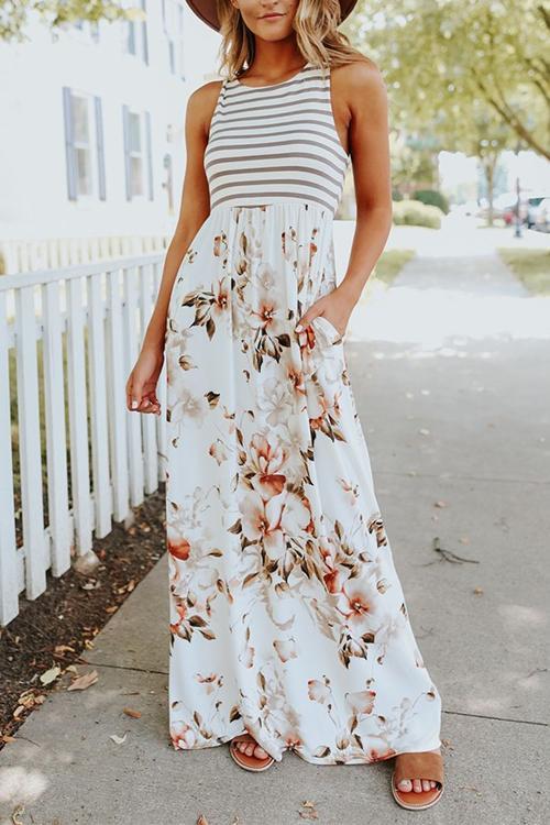 Heididress Sleeveless Stripes Splice Floral Maxi Dress