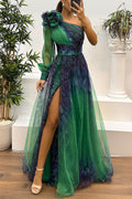 Heididress One Shoulder Long Sleeve Mesh Printed Slit Maxi Dress