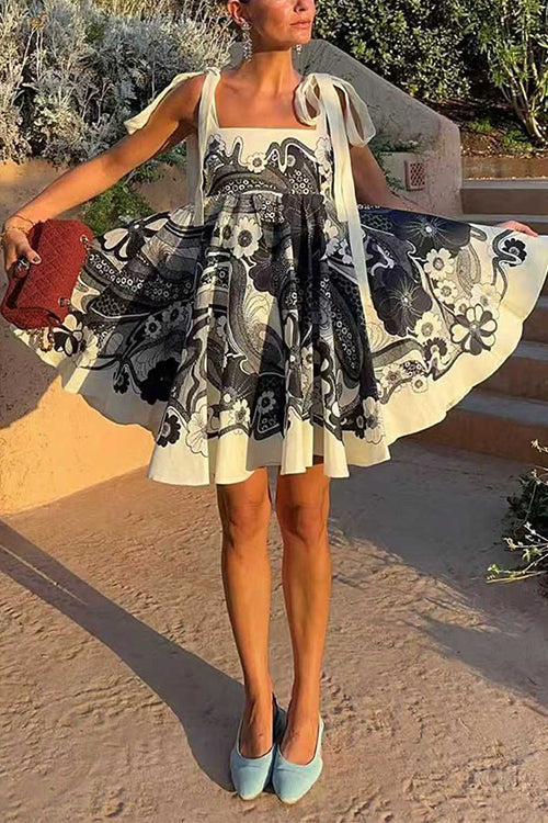 Heididress Bow Shoulder Sleeveless High Waist Floral Print Mini Dress