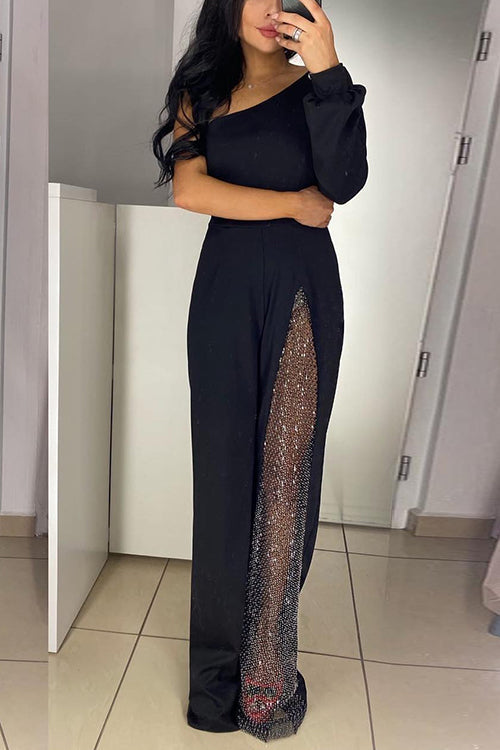 Heididress One Shoulder Long Sleeve Patchwork Wide Leg Jumpsuit